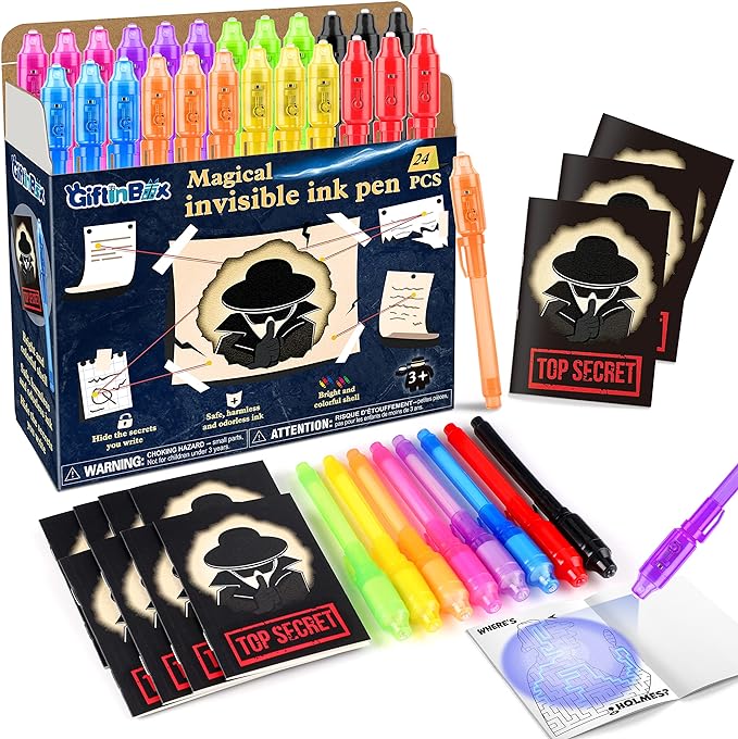GIFTINBOX Invisible Ink Pens with UV light for Kids 24Pack Invisible Ink Pen and Notebook