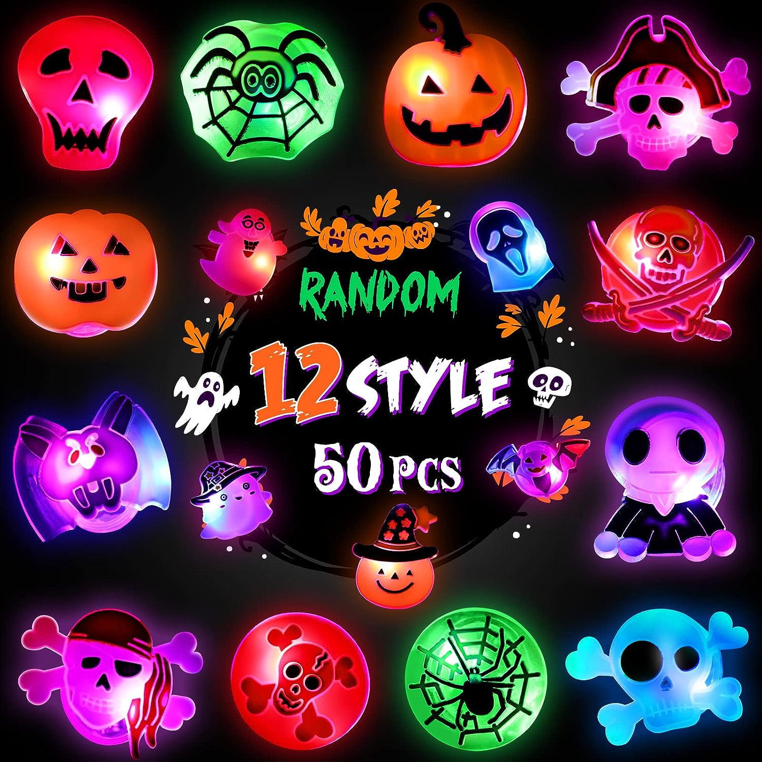 Halloween Rings for Kids 50 Pcs Halloween LED Flash Light up Rings